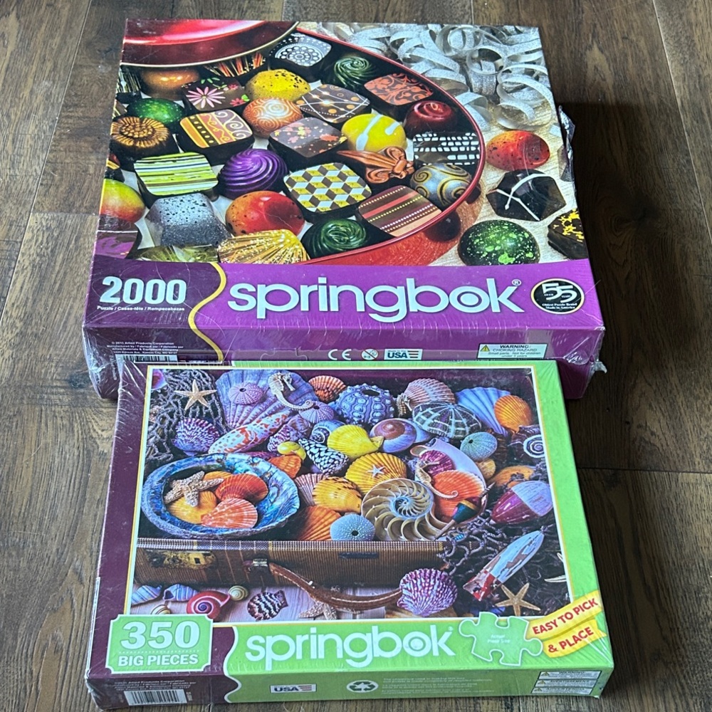 New Sealed Springbok Puzzle Lot,Tin of Treats 2000 pc, Vacation Treasures 350 pc
